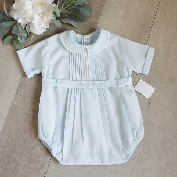RARE Blue Heirloom PinTucked Button Belted Creeper Feltman Brothers 3 Months NEW - Picture 1 of 4